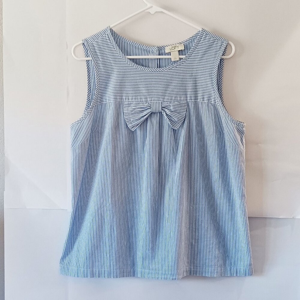 LOFT Blue and White Striped Sleeveless Top With Bow Size L